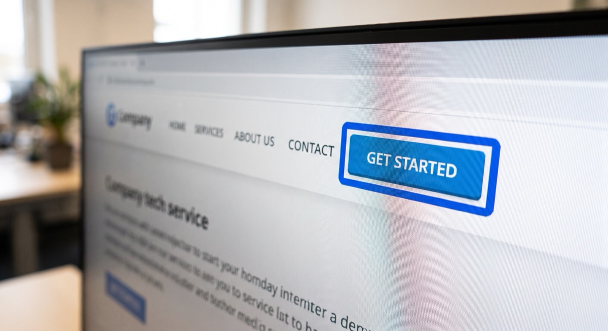 A close-up of a computer monitor showing a business website with a blue 'Get Started' button, blurred office in the background