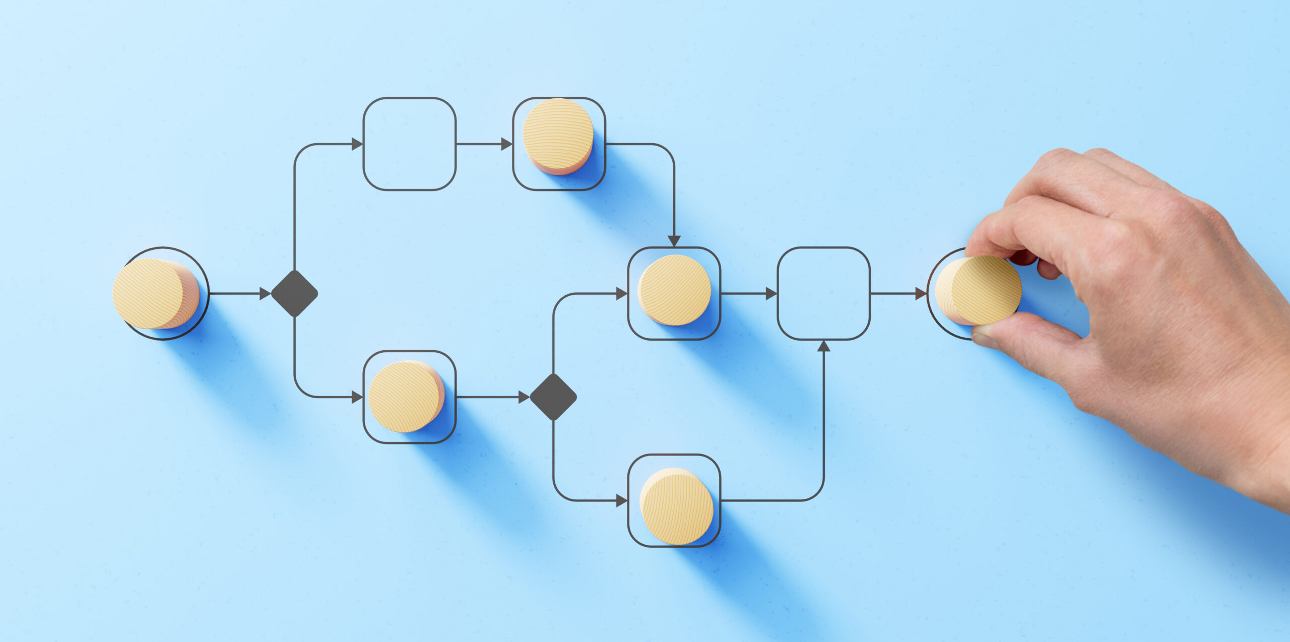 wooden cogs on a decision tree diagram